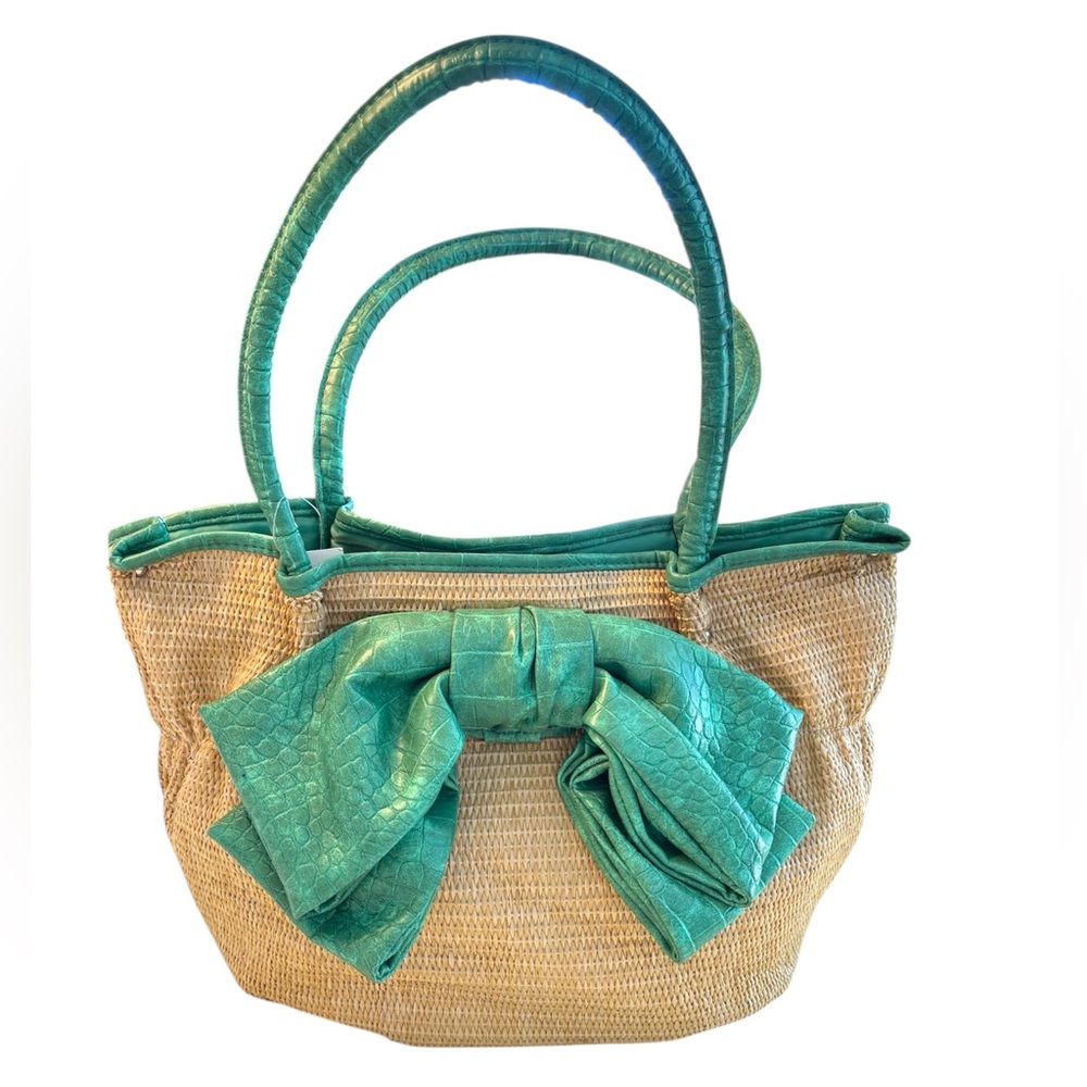BUENO RAFFIA Woven Straw Handbag Green Faux Leather Bow and Trim NWT Cottagecore